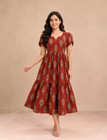 Ethnic Print Flared Rayon Berlin Maxi Frock with Puff Sleeve - Mangai Nighties