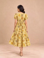 Floral Leaf Printed Pink Flared Rayon Maxi Frock with Puff Sleeve - Mangai Nighties