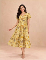 Floral Leaf Printed Pink Flared Rayon Maxi Frock with Puff Sleeve - Mangai Nighties