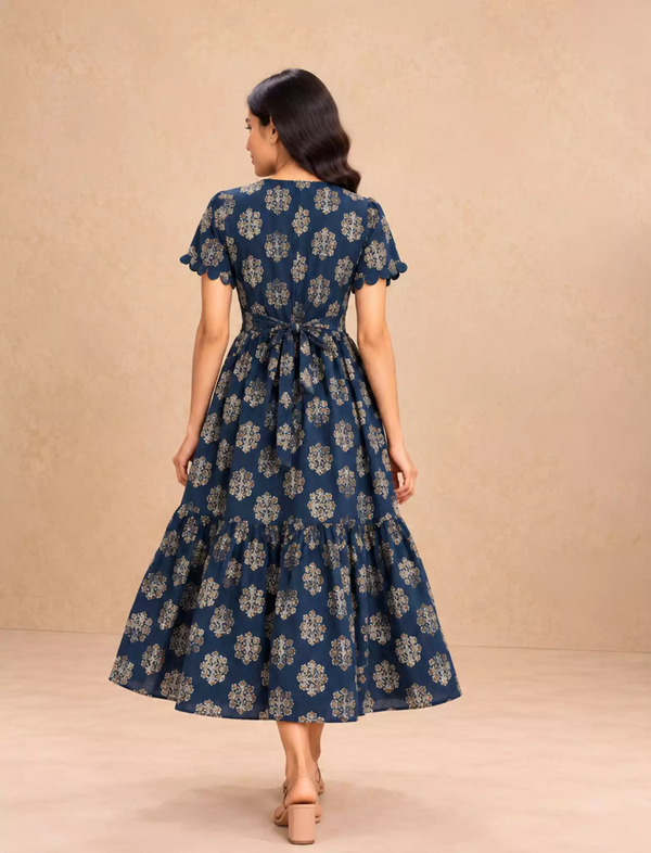 Festive Wear Ethnic Print  Rayon Berlin Maxi Frock with Scallop Sleeve- Mangai Nighties