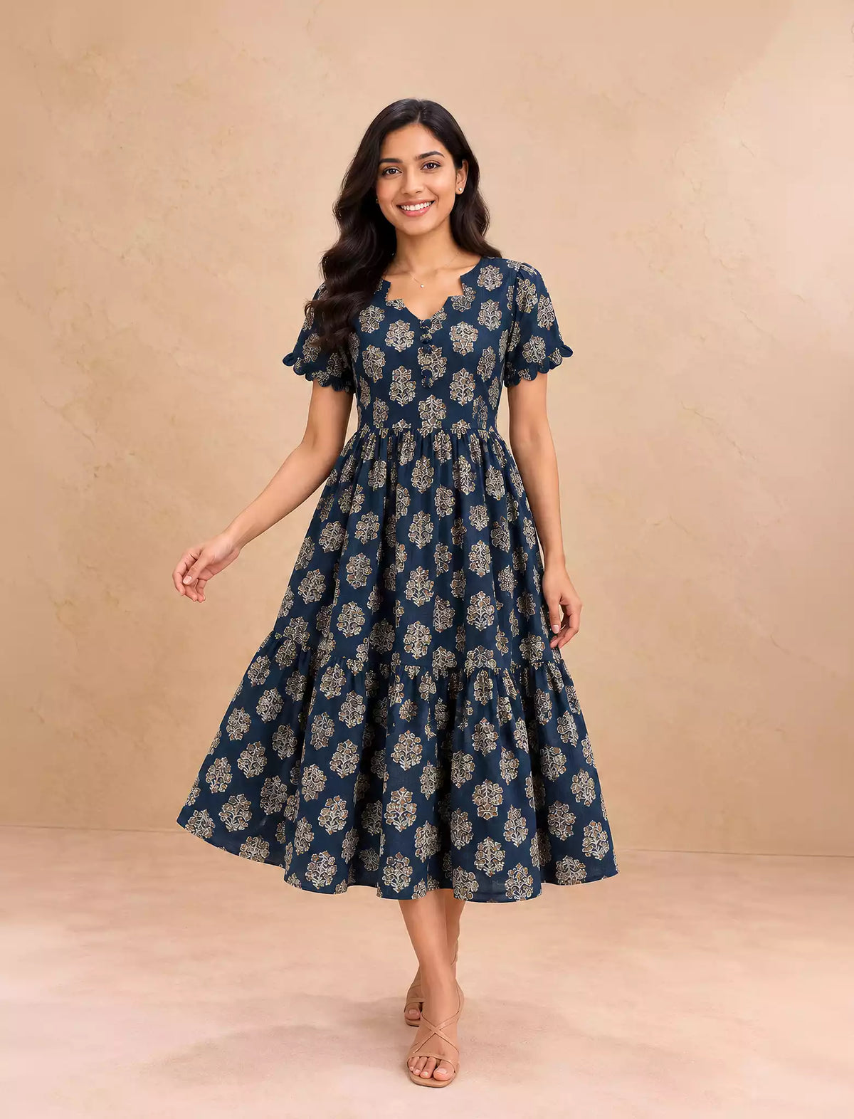 Festive Wear Ethnic PrintRayon Berlin Maxi Frock with Scallop Sleeve- Mangai Nighties
