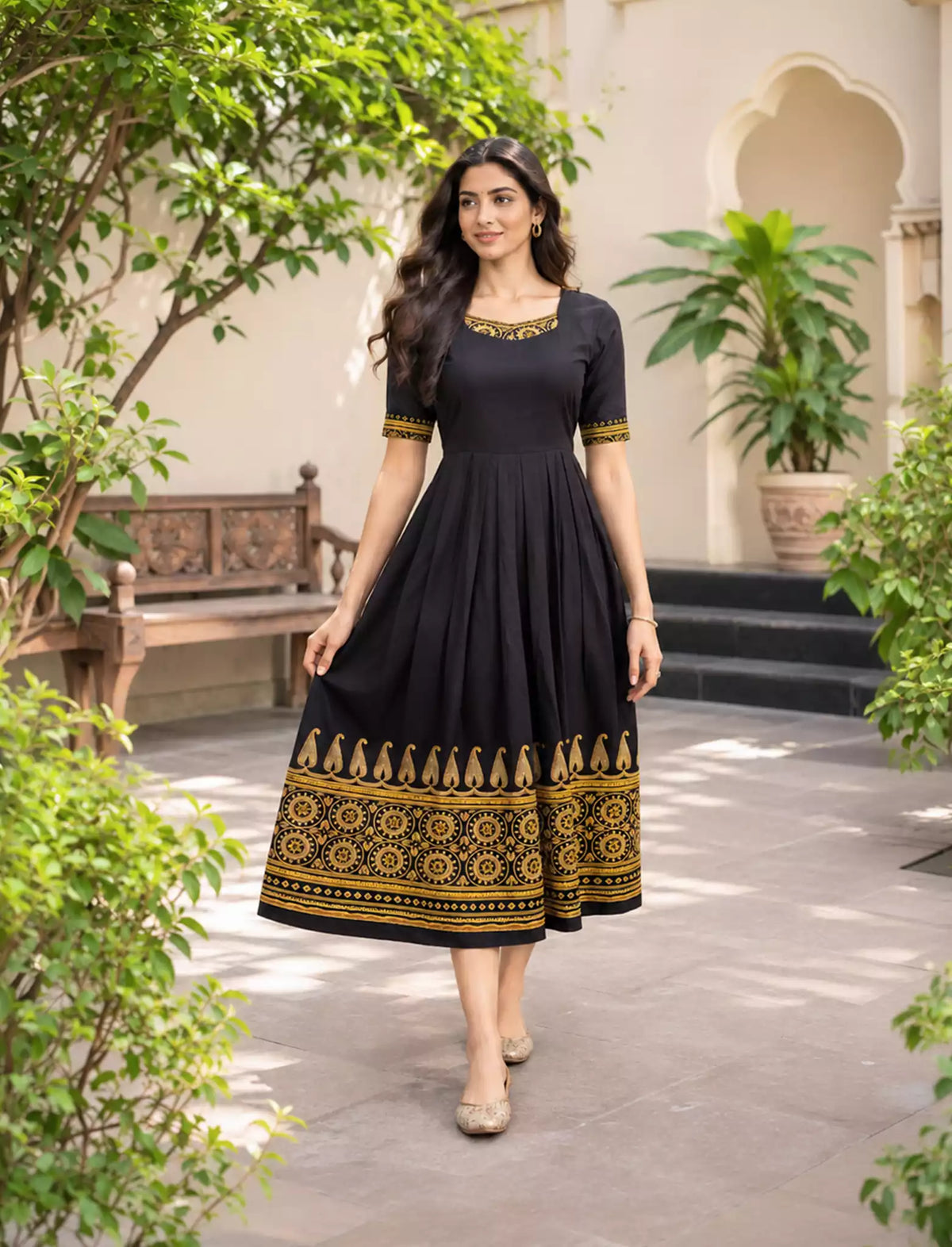 Paisley Floral Print Festival Arrival Border Rayon Maxi Frock | Mangai Nighties
