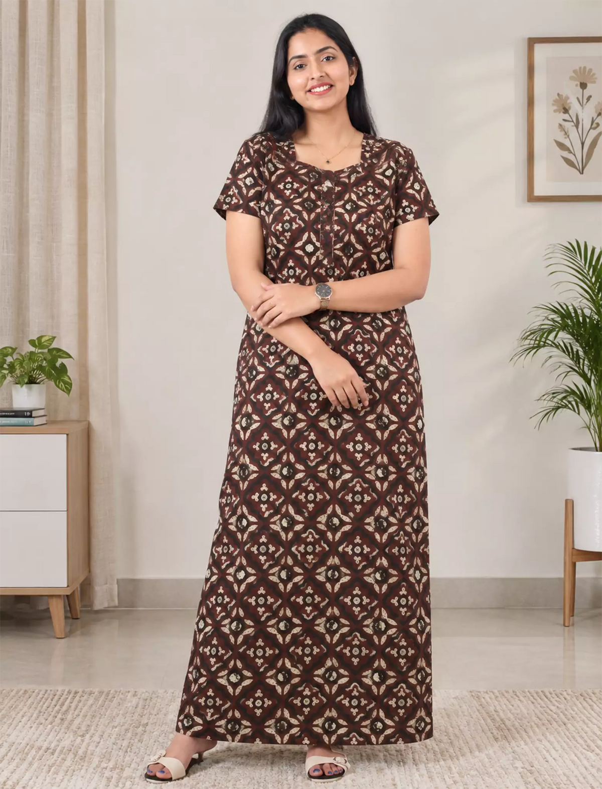 Cotton Printed Pleated Half Sleeve 3XL Nighty With Side Pocket - Mangai Nighties