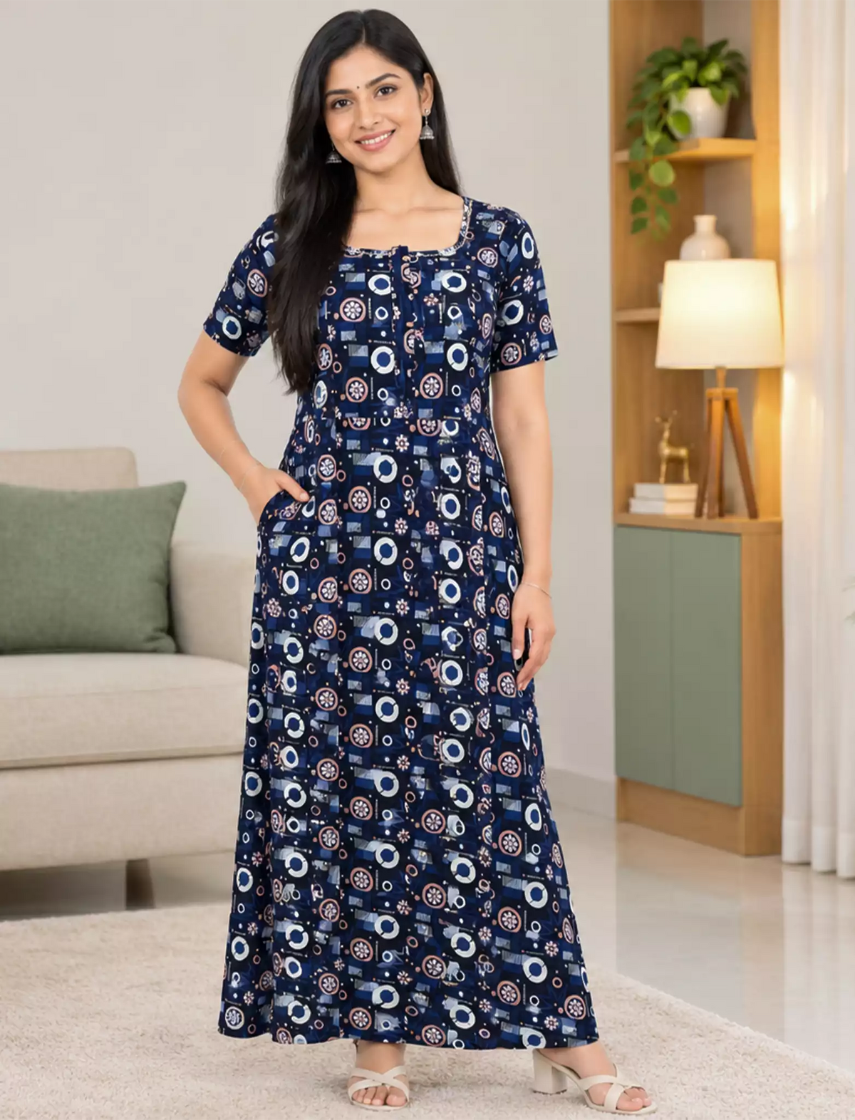 Women Geometric Printed Cotton Front Zip Nighty with Round Neck - Mangai Nighties