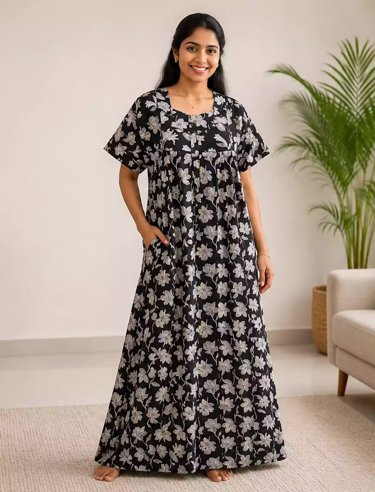 Floral Printed Cotton Front Zip Pleated Nighty With Side Pocket - Mangai Nighties