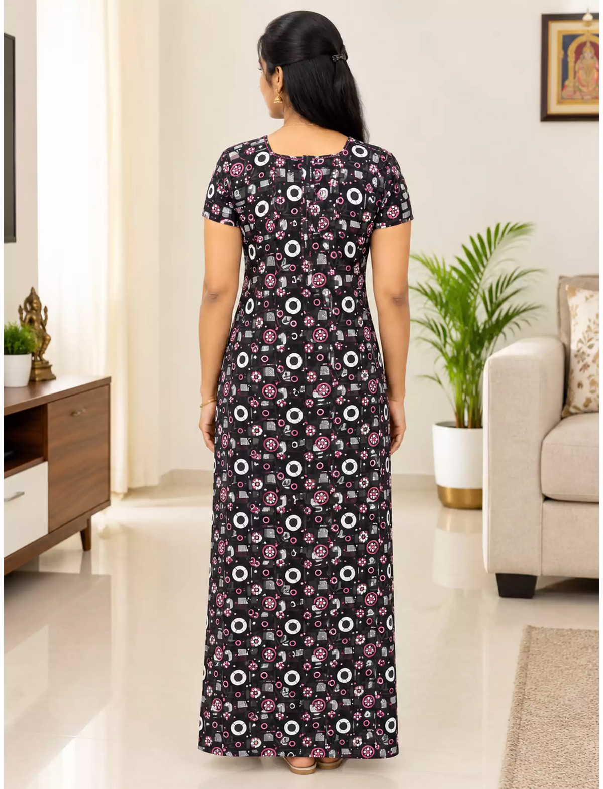 Women Geometric Printed Cotton Front Zip Nighty with Round Neck - Mangai Nighties