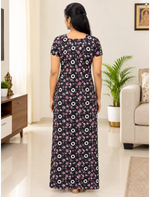 Women Geometric Printed Cotton Front Zip Nighty with Round Neck - Mangai Nighties