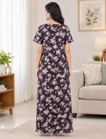 Floral Printed Cotton Front Zip Pleated Nighty With Side Pocket - Mangai Nighties