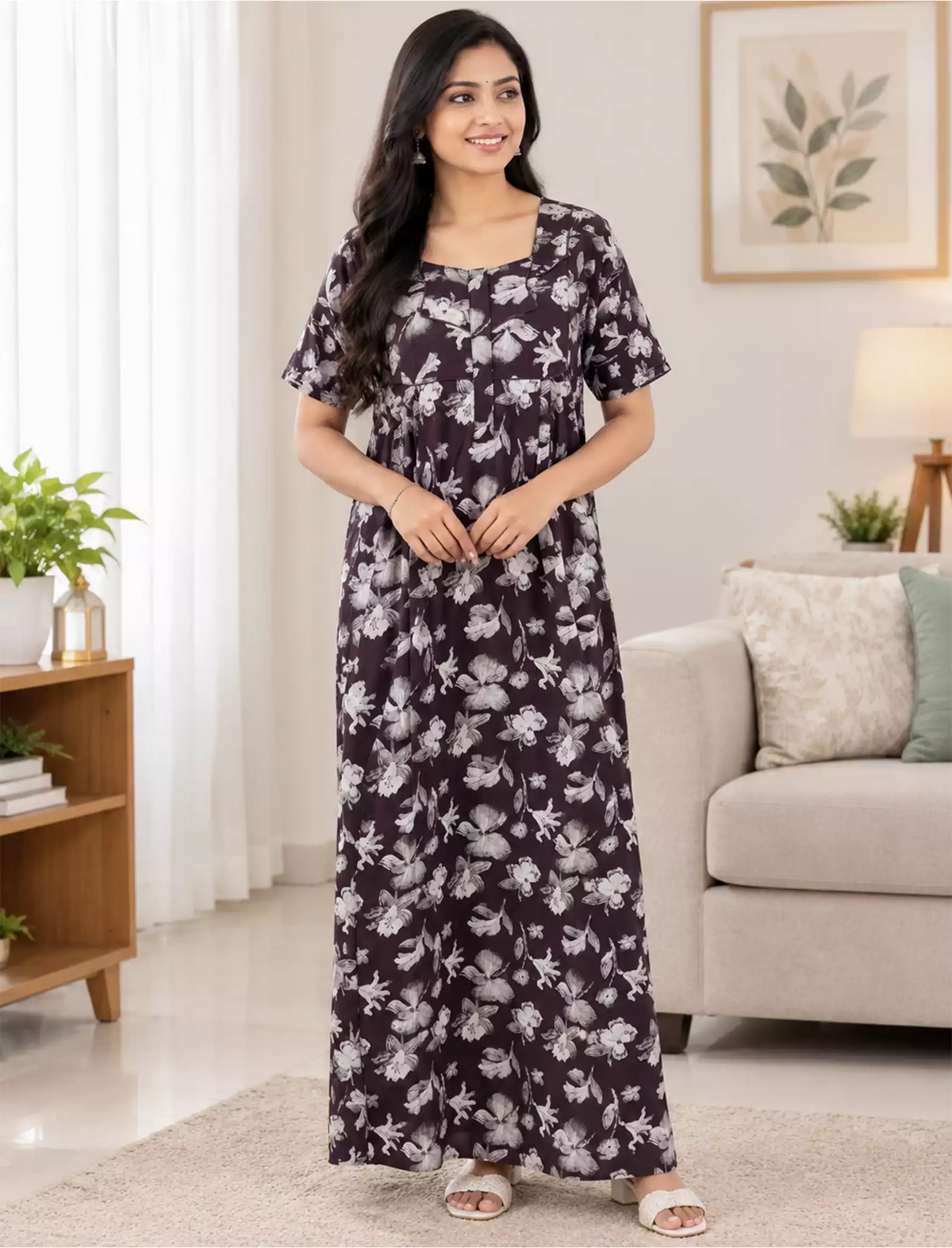 Floral Printed Cotton Front Zip Pleated Nighty With Side Pocket - Mangai Nighties
