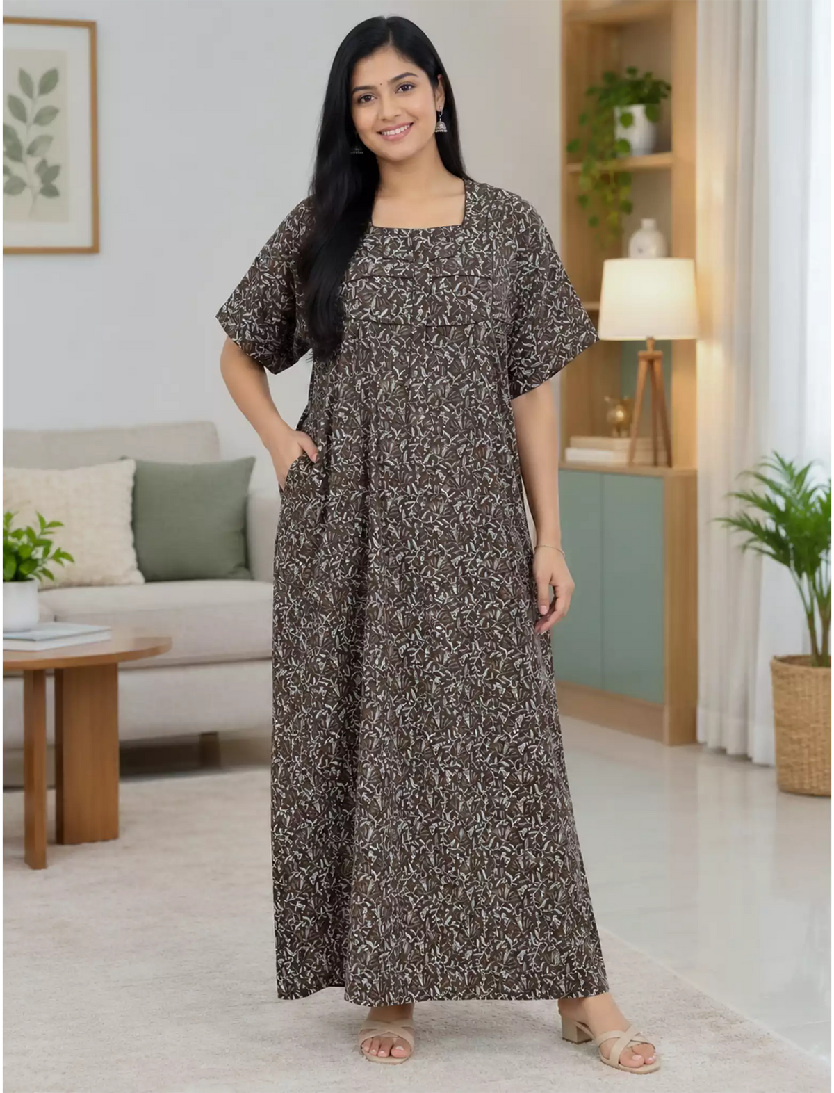 Leaf Printed Cotton Front Zip Pleated Nighty With Round Neck - Mangai Nighties