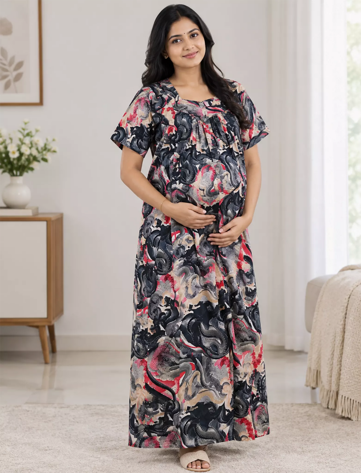 Mangai Cotton Straight Feeding Nighty | Zip Pleated Nightwear