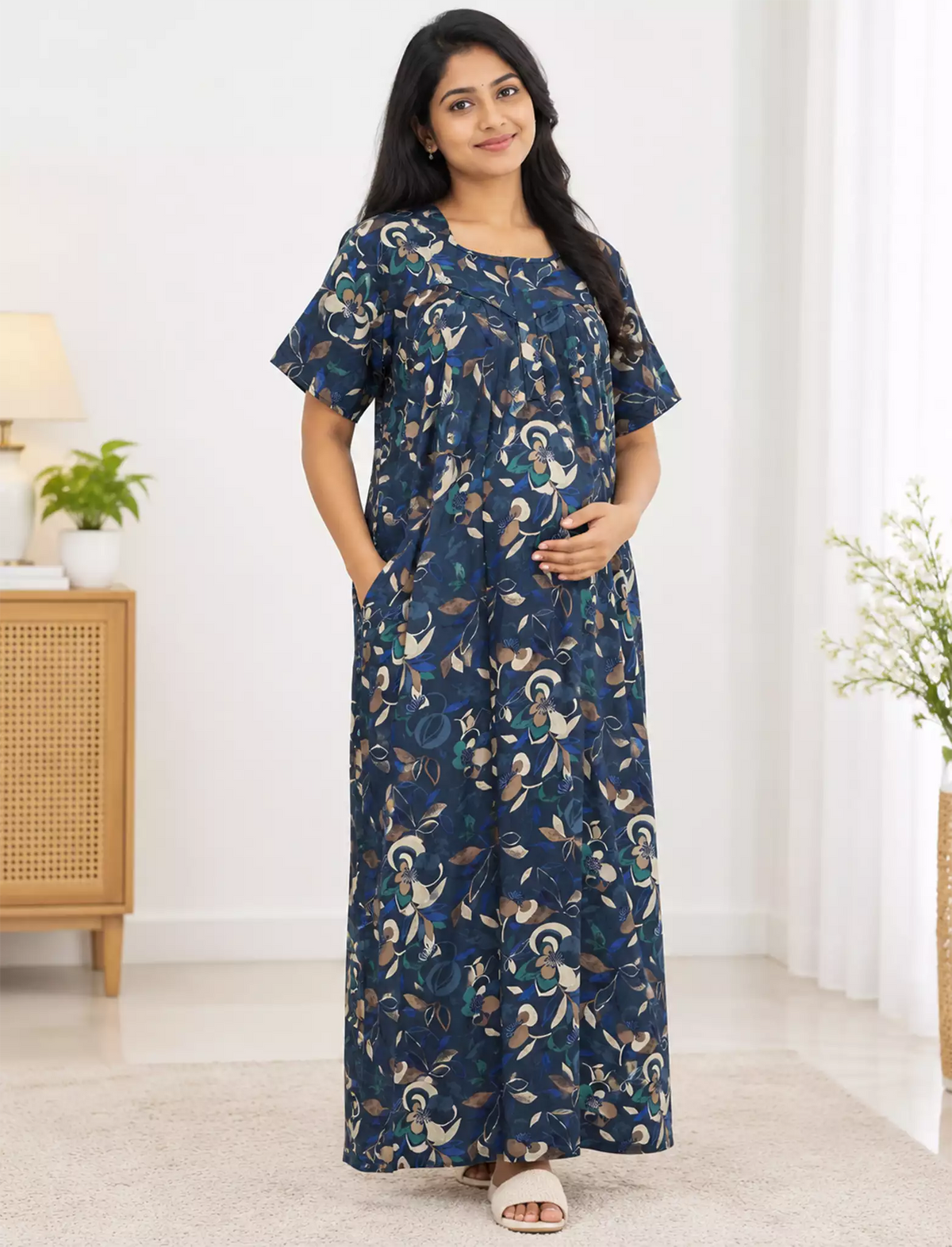 Cotton Straight Zip Feeding Nighty |Pre & Post Pregnancy - Mangai Nighties