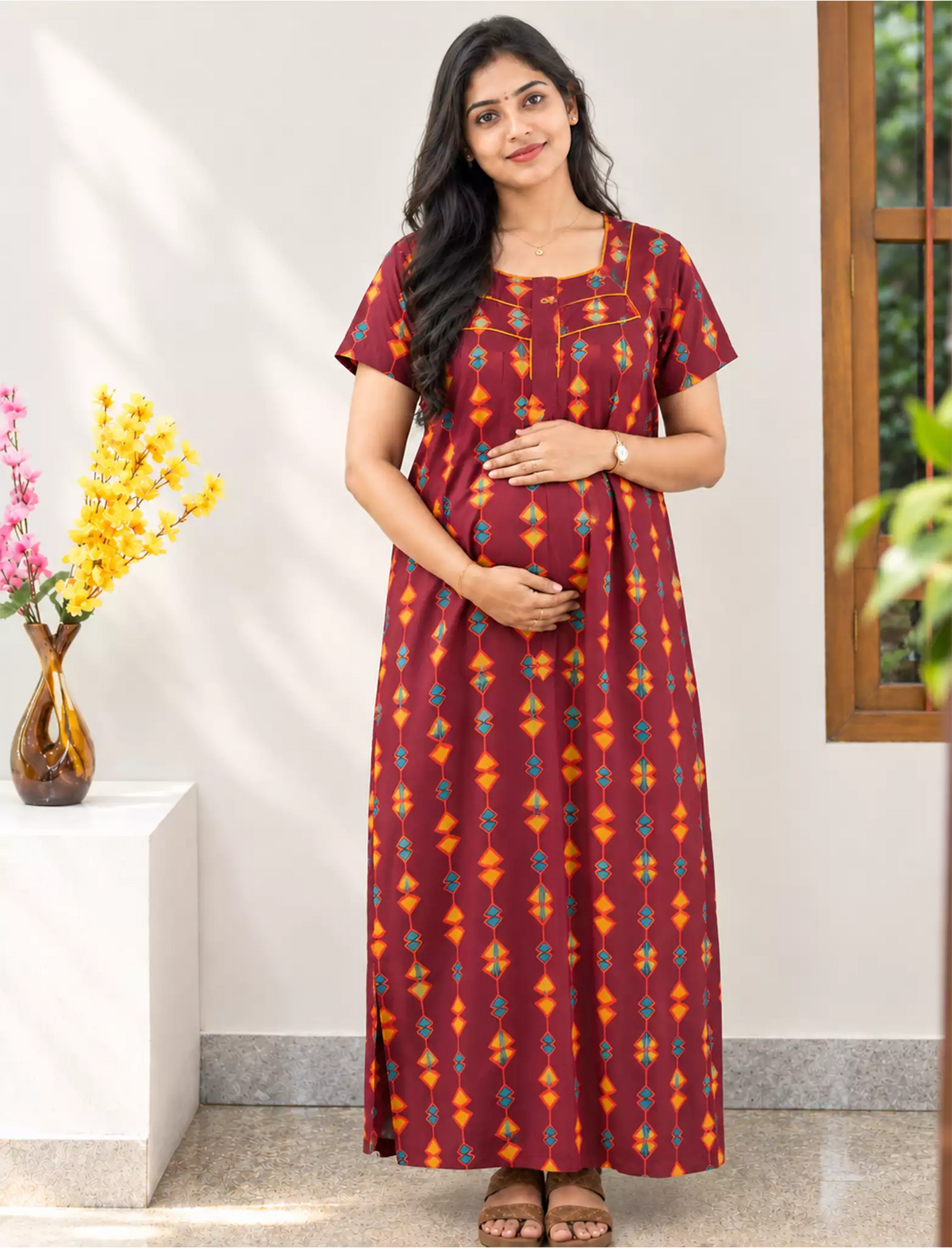Cotton Straight Zip Feeding Nighty |Pre & Post Pregnancy - Mangai Nighties