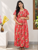 Mangai Cotton Straight Feeding Nighty | Zip Pleated Nightwear