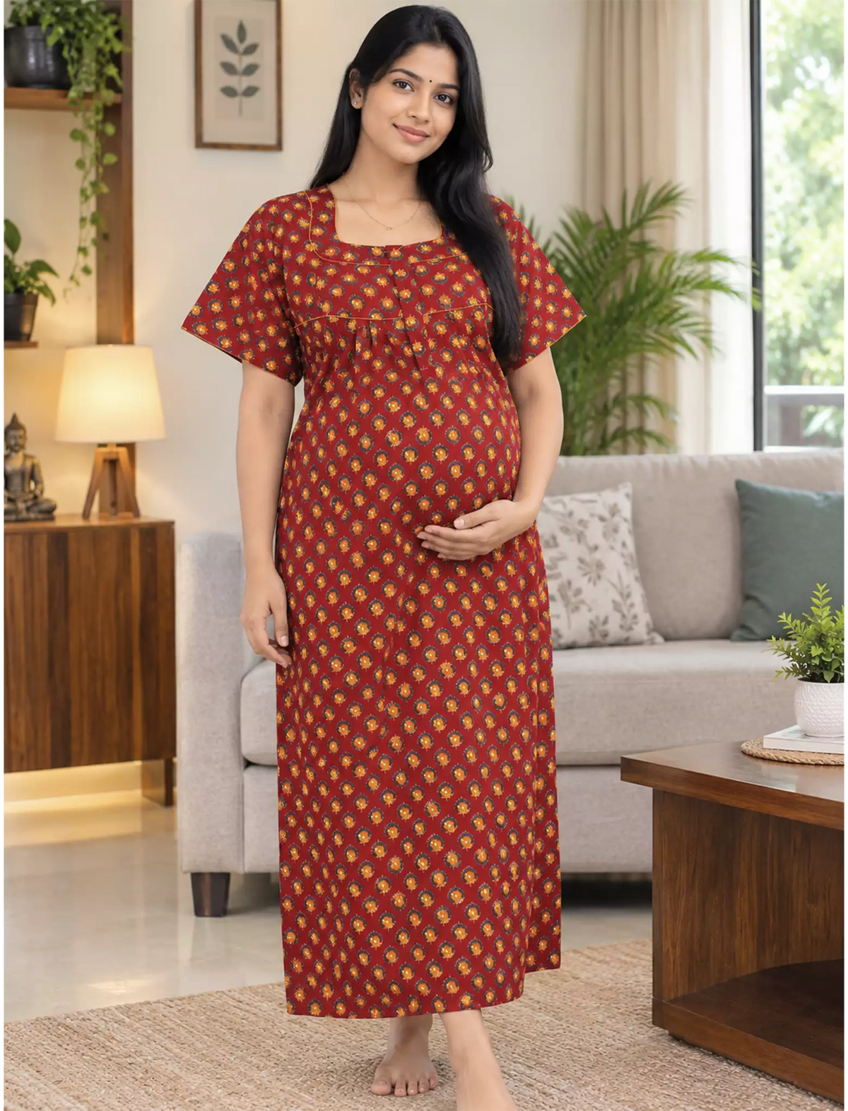 Cotton Straight Zip Feeding Nighty with Pocket - Mangai Nighties