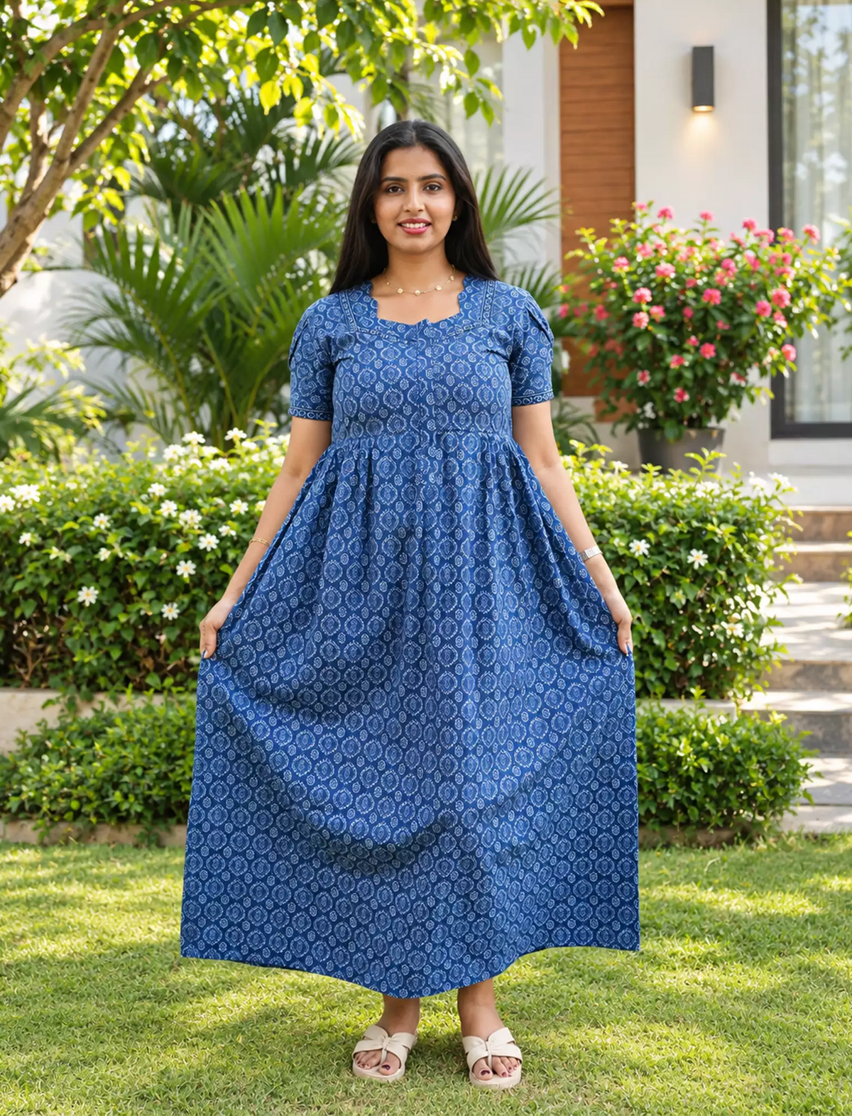 Cotton Geometric Print Casual Frock with Back Tie - Mangai Nighties