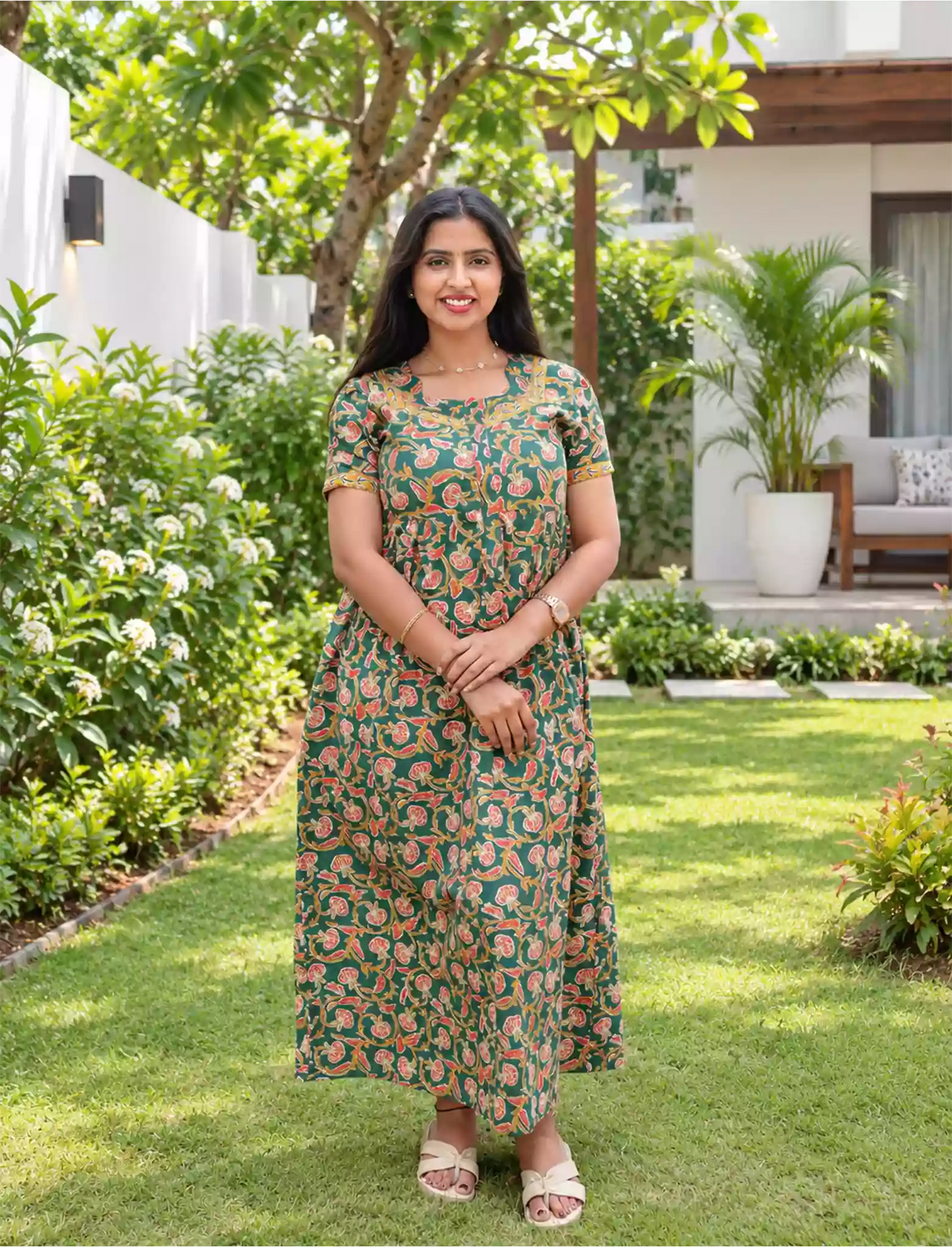 Cotton Floral Print Casual & Maternity Frock with Front Zip - Mangai Nighties