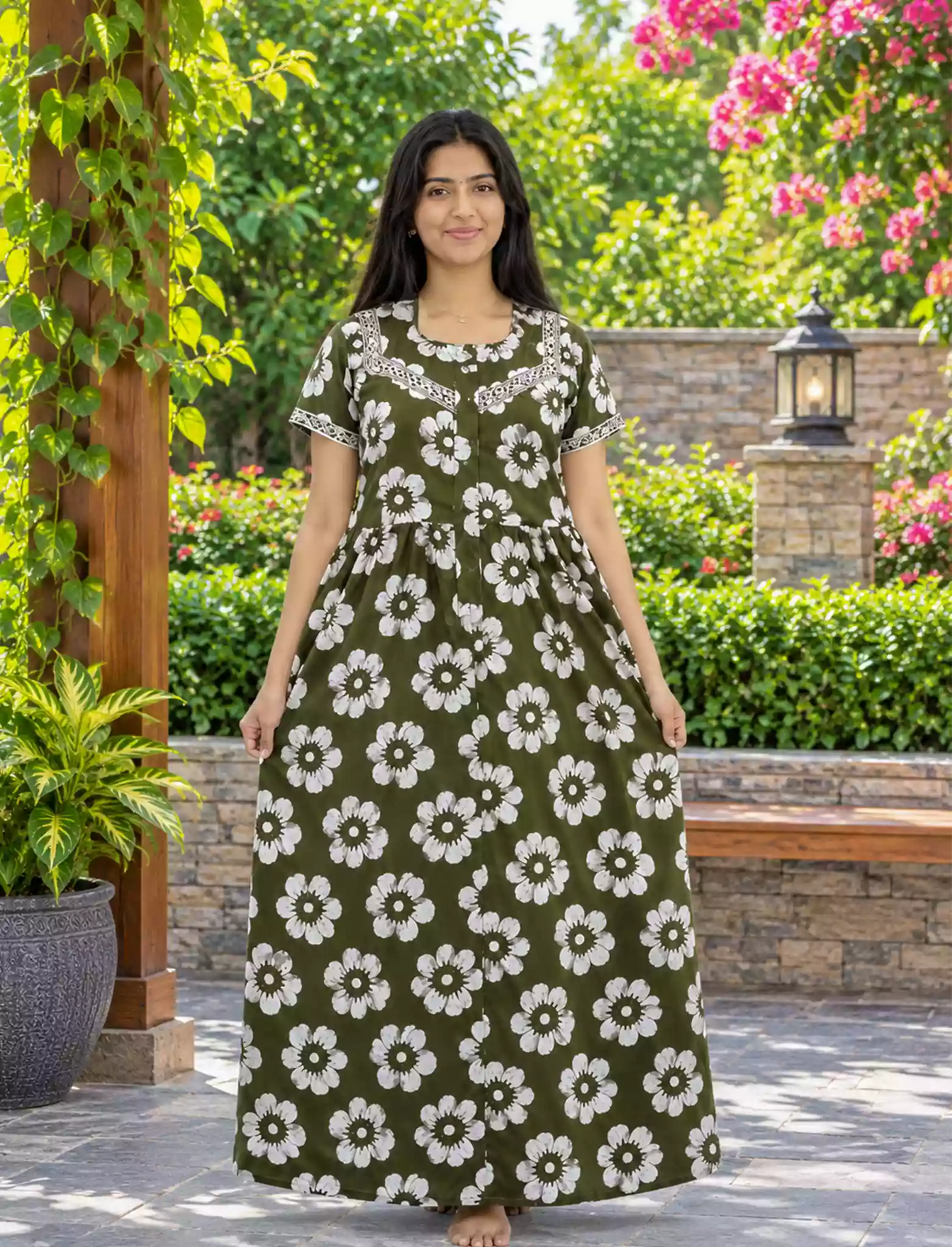 Navy Blue Premium Jaipur Cotton Feeding Frock with Puff Sleeves - Mangai Nighties