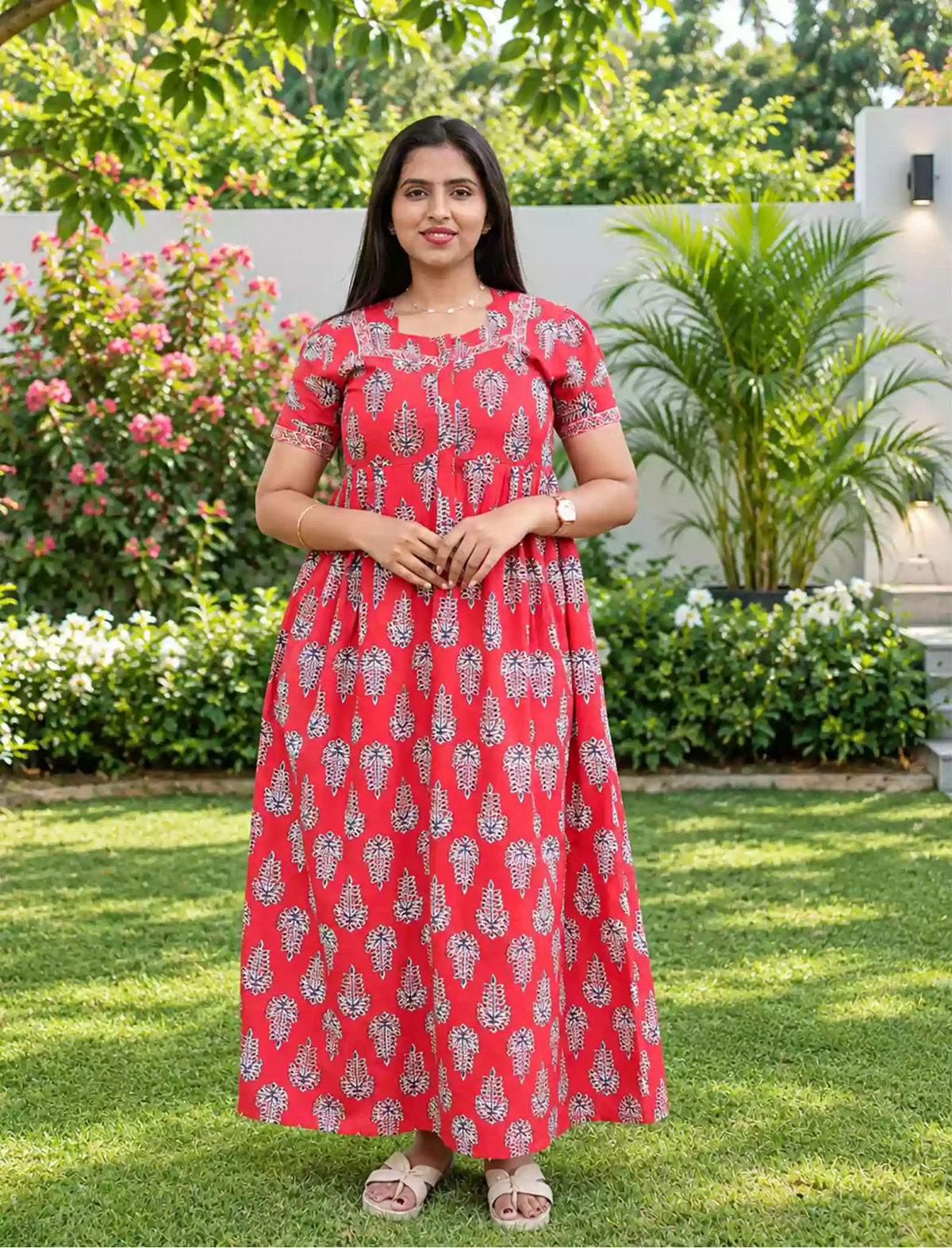 Cotton Leaf Print Casual and Feeding Frock - Mangai Nighties