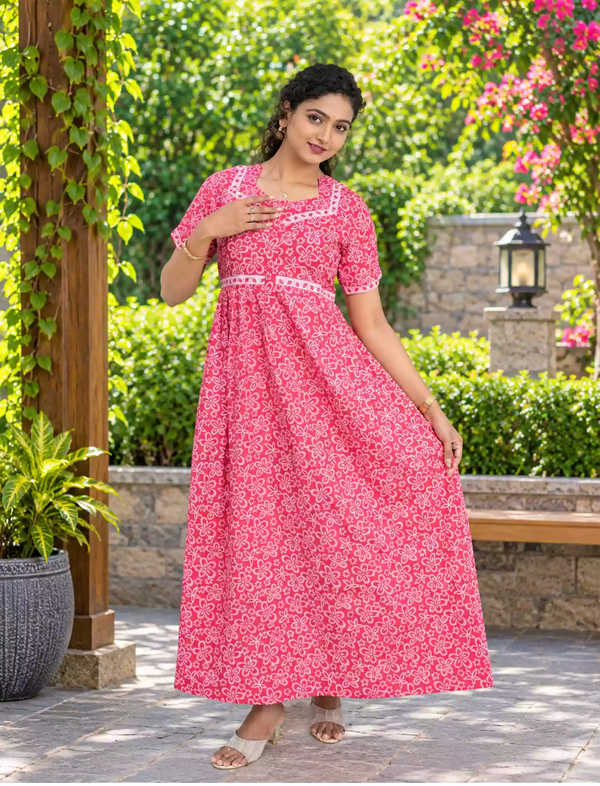 Floral Print Cotton Feeding and Casual Frock Mangai Nighties
