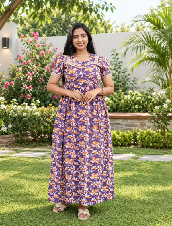 Cotton Floral Print Casual & Feeding Frock with Back Tie - Mangai Nighties