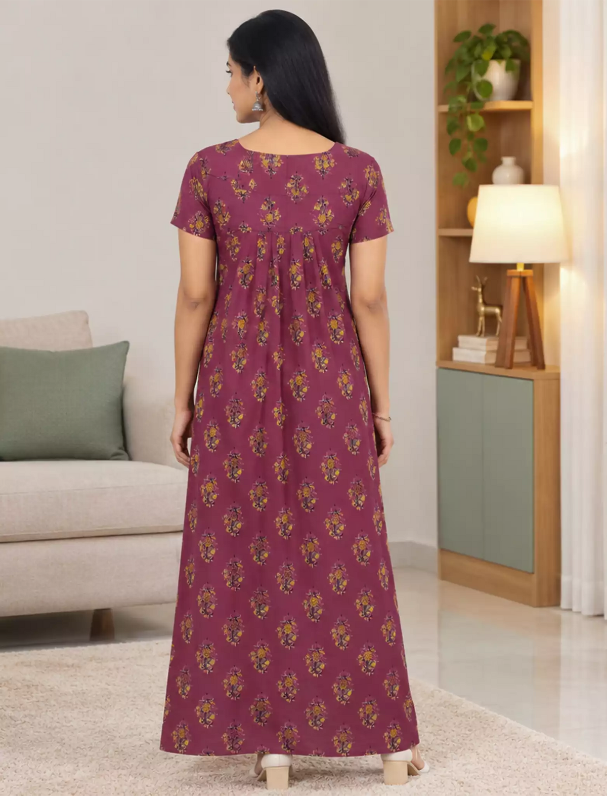 Floral Printed Cotton Front Zip Pleated Nighty With Side Pocket - Mangai Nighties