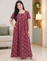 Floral Printed Cotton Front Zip Pleated Nighty With Side Pocket - Mangai Nighties