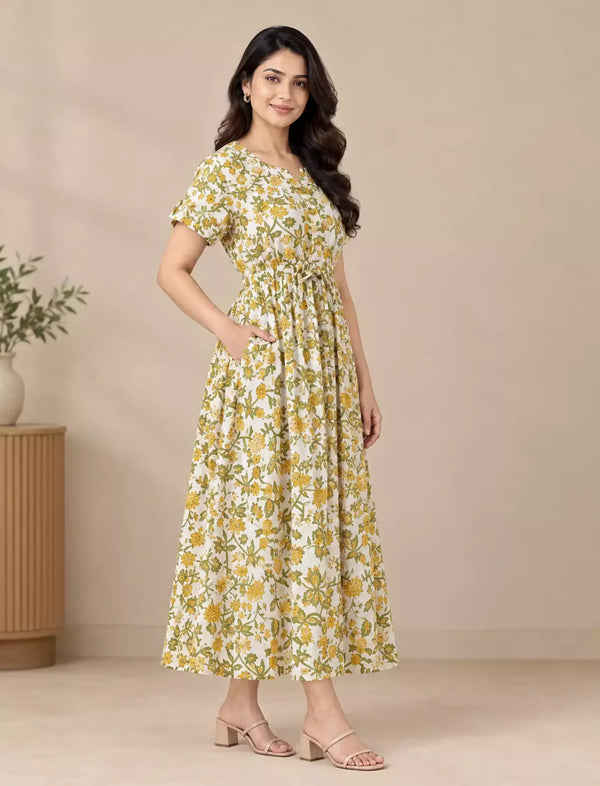 Floral Print Cotton Gathering Maxi with Closed Button| Mangai Nighties