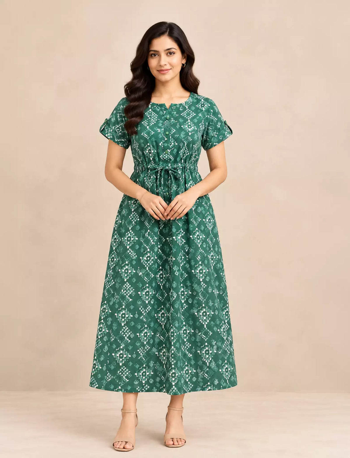 Cotton Floral Print Gathering Maxi Frock for Women with Front Tie | Mangai Nighties