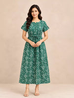 Cotton Floral Print Gathering Maxi Frock for Women with Front Tie | Mangai Nighties