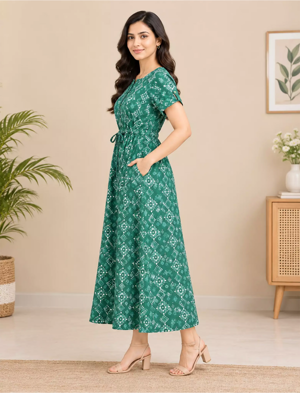 Cotton Floral Print Gathering Maxi Frock for Women with Front Tie | Mangai Nighties