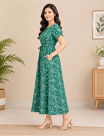 Cotton Floral Print Gathering Maxi Frock for Women with Front Tie | Mangai Nighties