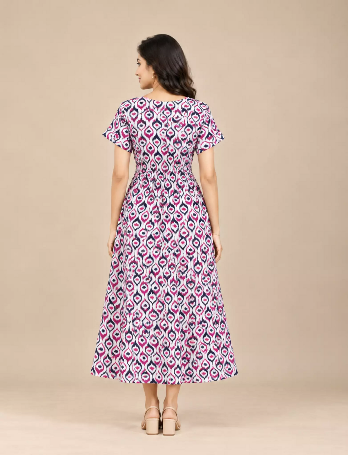 Geometric Diamond Print Cotton Gathering Frock with Side Pocket | Mangai Nighties