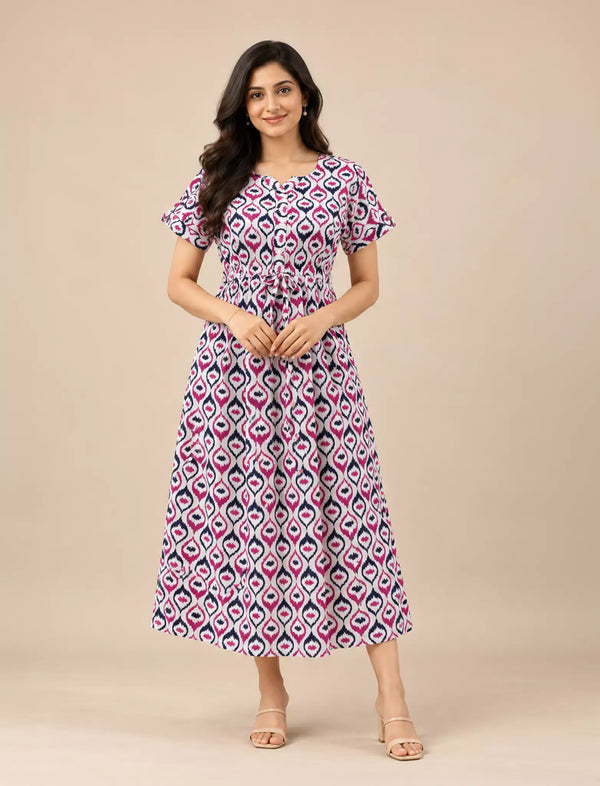 Geometric Diamond Print Cotton Gathering Frock with Side Pocket | Mangai Nighties