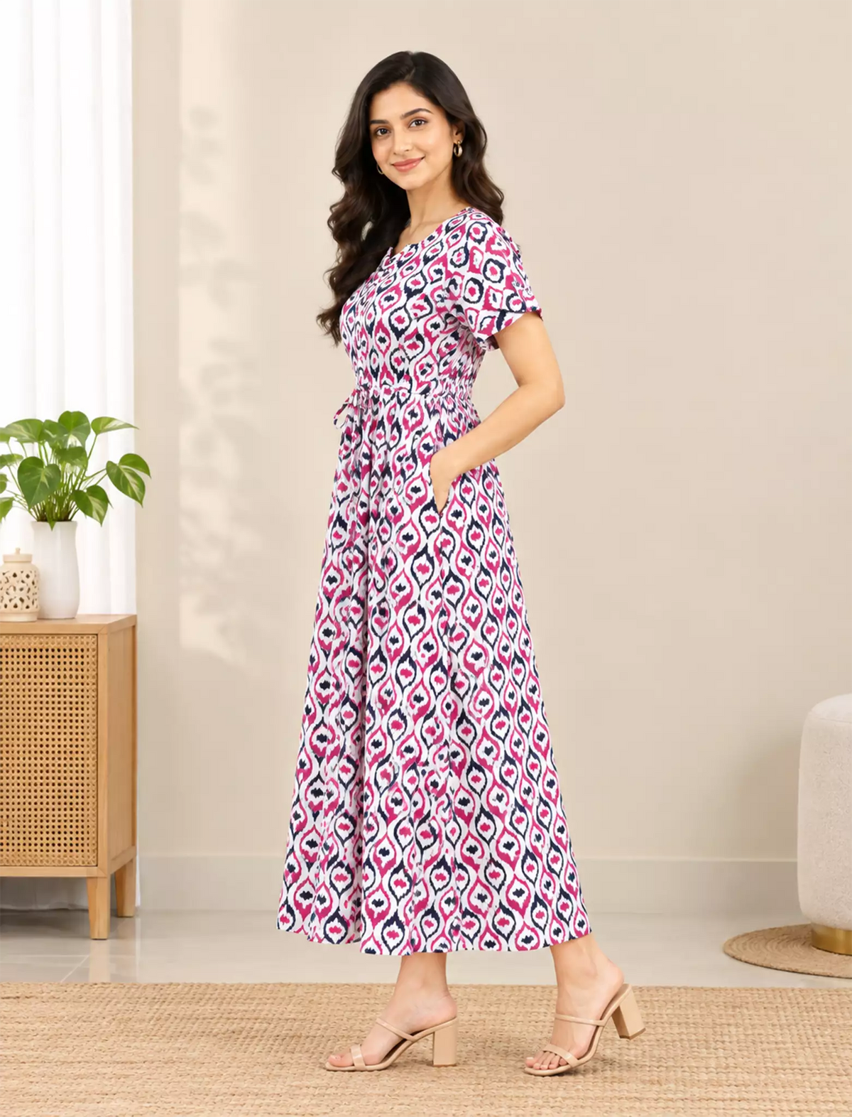 Geometric Diamond Print Cotton Gathering Frock with Side Pocket | Mangai Nighties