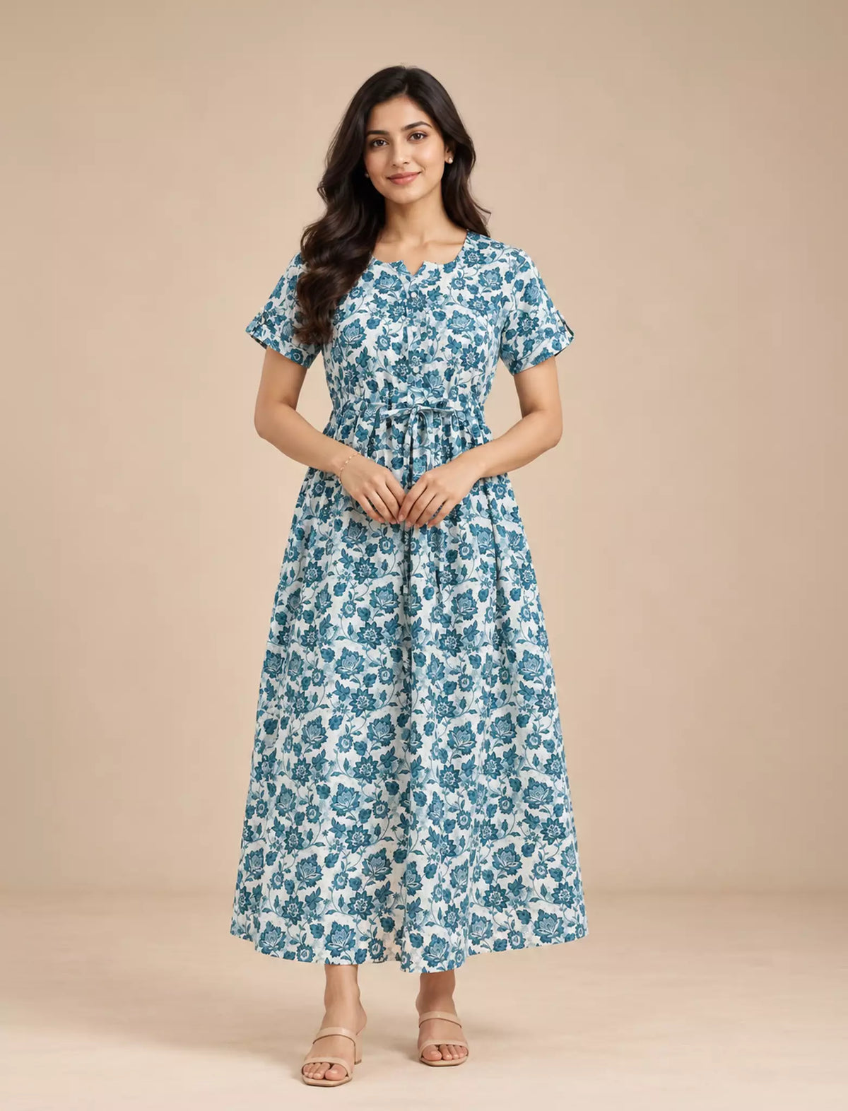 Blue Floral Printed Cotton Gathering Frock with Pocket Mangai Nighties