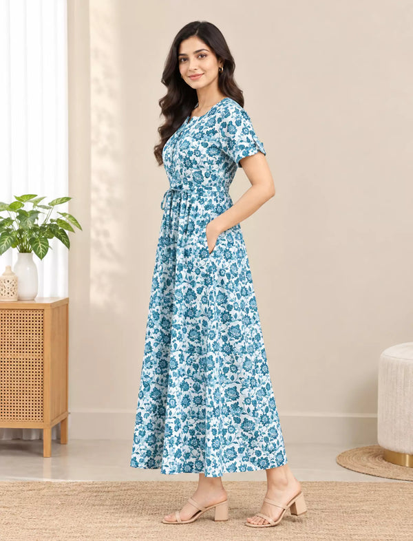 Blue Floral Printed Cotton Gathering Frock with Pocket Mangai Nighties