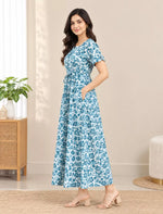 Blue Floral Printed Cotton Gathering Frock with Pocket Mangai Nighties