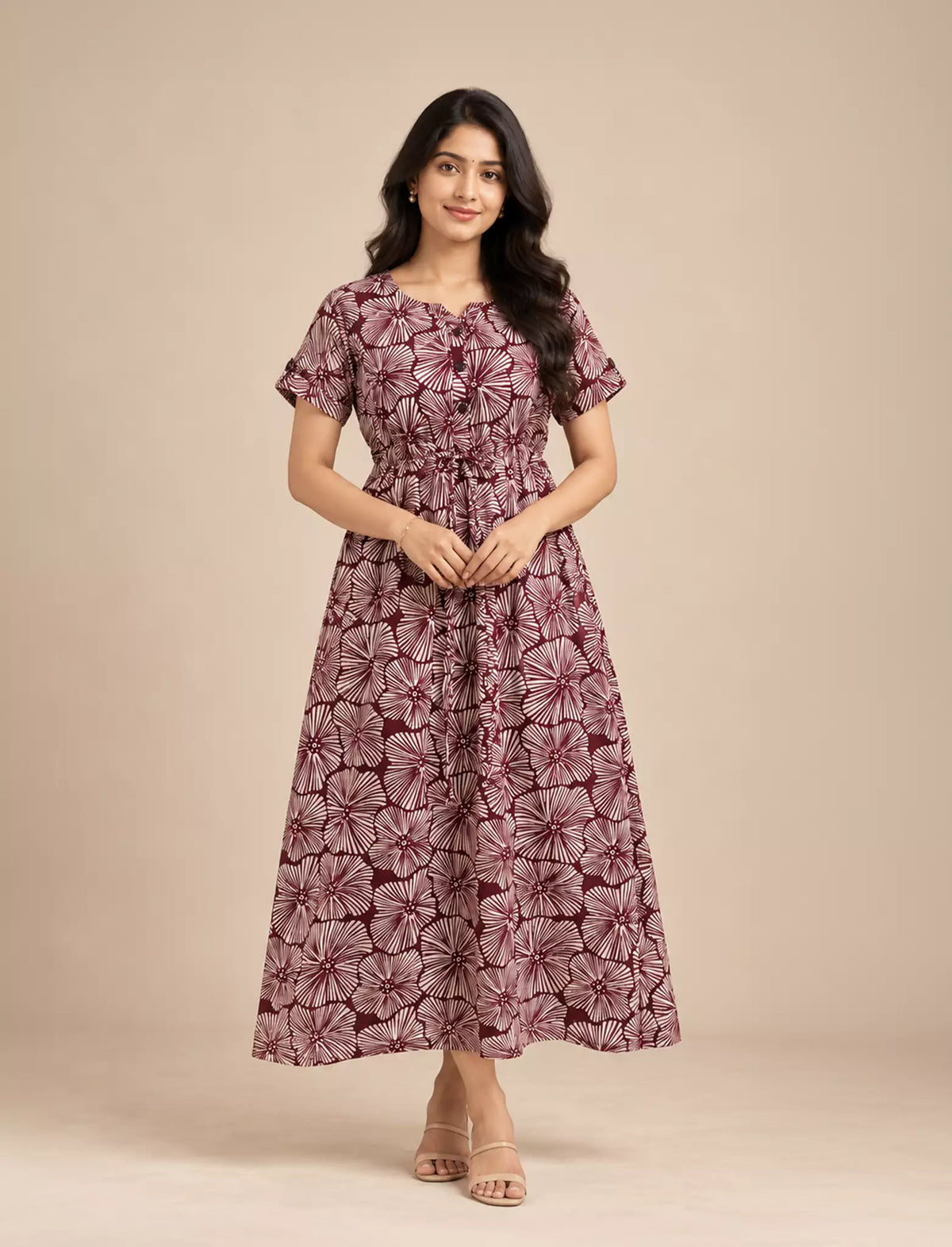 Geometric Floral Fan Print Cotton Gathering Frock with Front Tie | Mangai Nighties