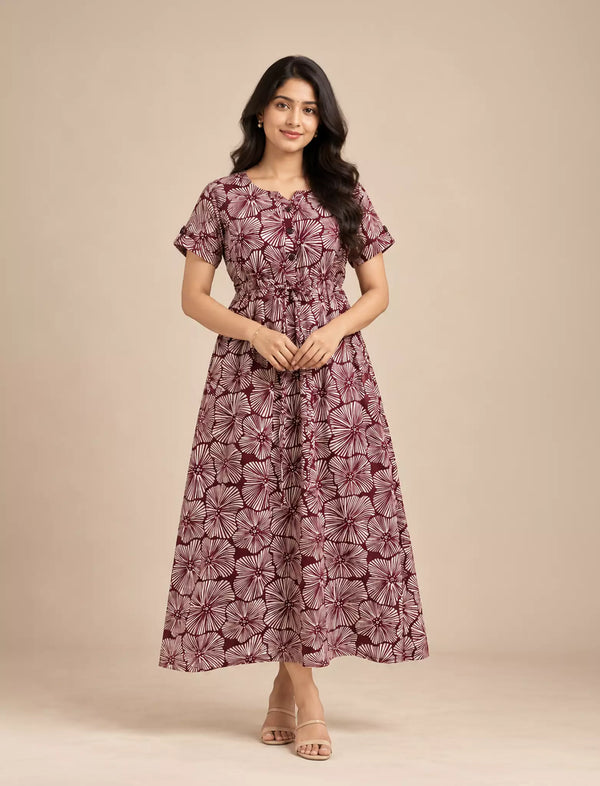 Geometric Floral Fan Print Cotton Gathering Frock with Front Tie | Mangai Nighties