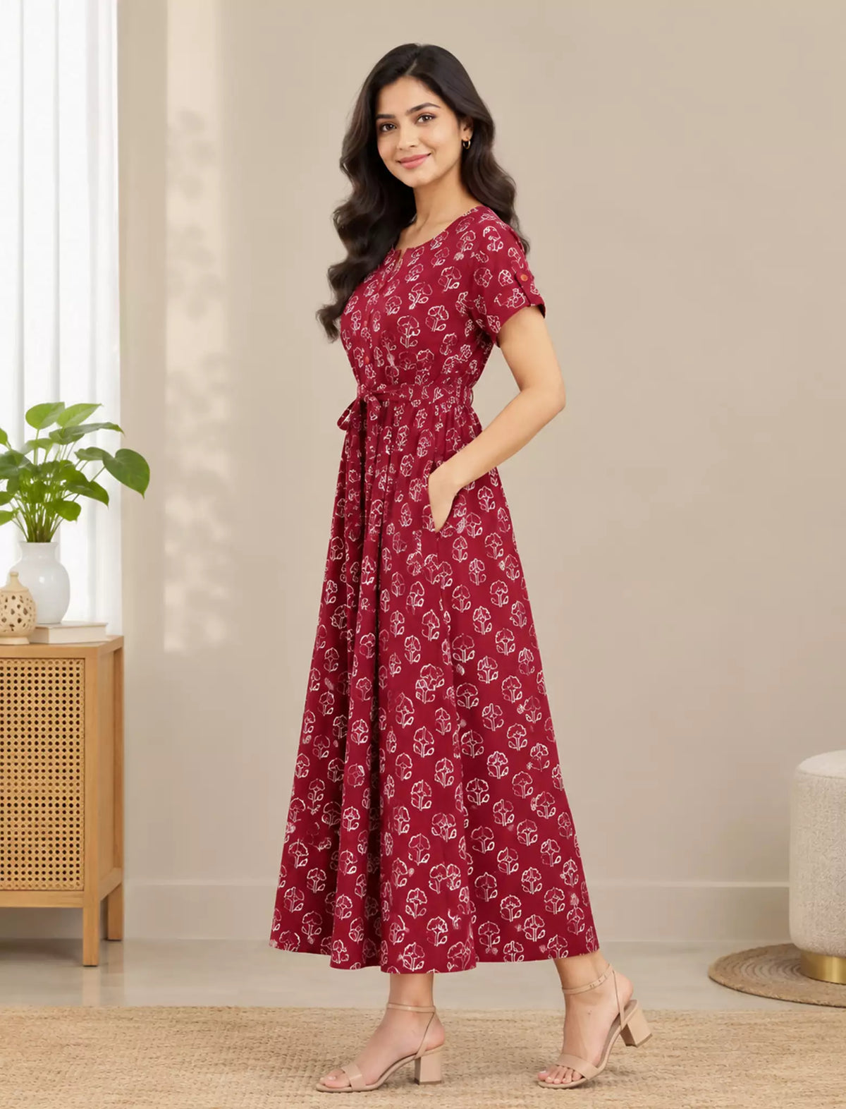 Maroon Printed Cotton Gathering Frock with Pocket Mangai Nighties
