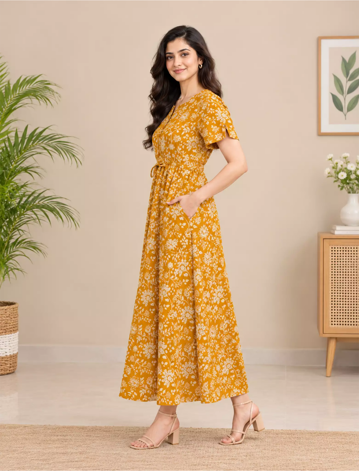 Cotton Floral Print Gathering Frock for Women with Pocket | Mangai Nighties