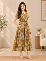Floral Printed Cotton Gathering Maxi Frock with Front Tie - Mangai Nighties