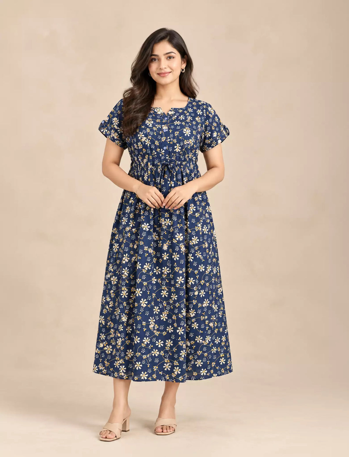 Floral Print Cotton Gathered Maxi Frock with Tie Rope | Mangai Nighties