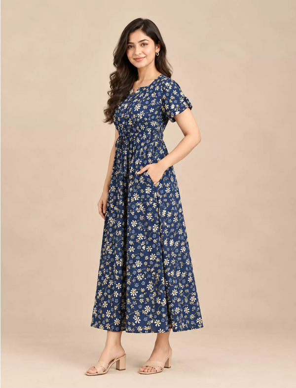 Floral Print Cotton Gathered Maxi Frock with Tie Rope | Mangai Nighties