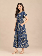 Floral Print Cotton Gathered Maxi Frock with Tie Rope | Mangai Nighties