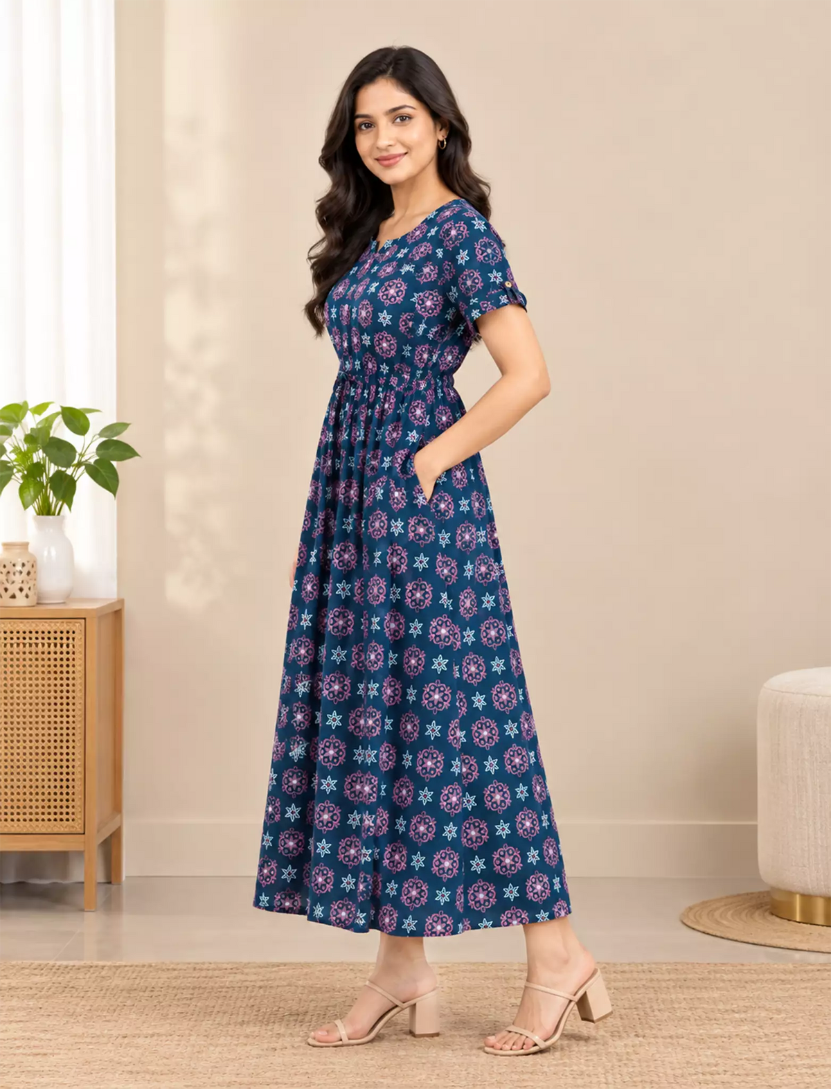 Floral Buti Print Cotton Gathering Maxi with Front tie | Mangai Nighties