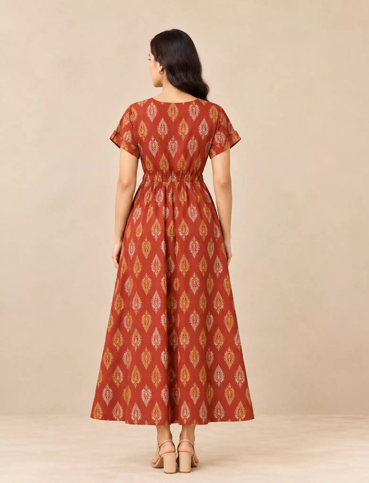Ethnic Paisley Print Front Tie Cotton Gathering Maxi for Women | Mangai Nighties
