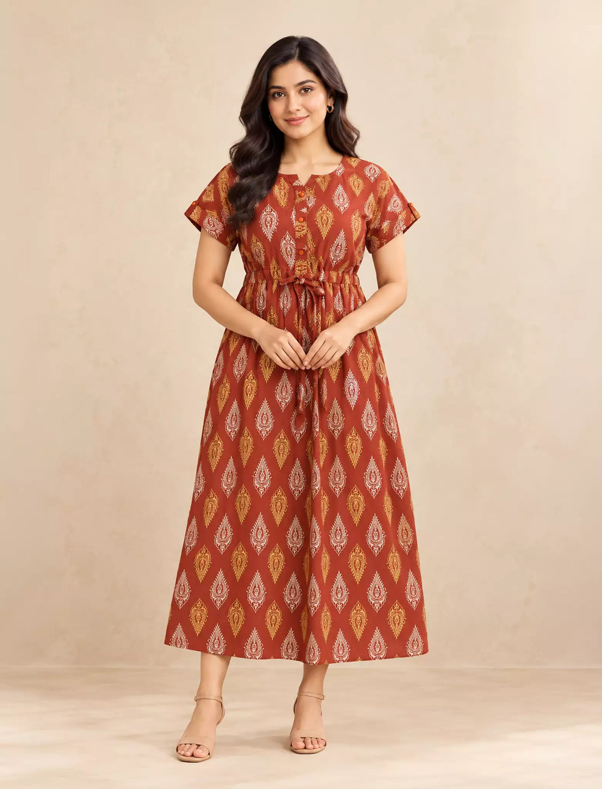 Ethnic Paisley Print Front Tie Cotton Gathering Maxi for Women | Mangai Nighties
