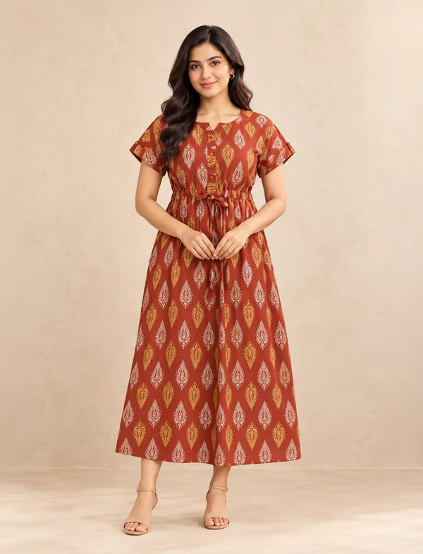 Ethnic Paisley Print Front Tie Cotton Gathering Maxi for Women | Mangai Nighties